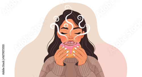 Young woman smelling delicious fresh cinnamon roll and enjoying the moment in the morning