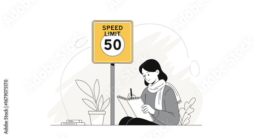 Young Woman Sketching Near A Speed Limit Sign In A Relaxed Environment