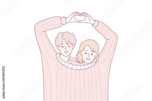 Cute happy couple lovers wearing one sweater make heart hand gesture. Smiling man and woman hug demonstrate love sign. Romance and relationship concept. Vector illustration.