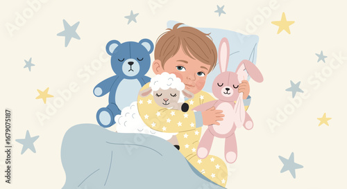 A Child Snuggled In Bed With Favorite Plush Toys Under A Night Sky, Peaceful