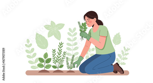 Young Woman Smelling Fresh Herbs From Her Home Garden Green Thumb Concept