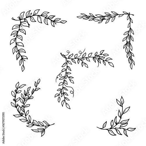 Twigs black and white sketch, simple drawing. Vector illustration. Floral botanical corner, set of silhouette frames isolated on white background. For cards, invitations, advertising and blog design