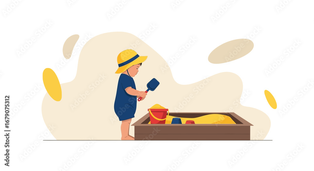 Fototapeta premium A Child's Joyful Exploration In A Sandbox With Beach Tools During Summer