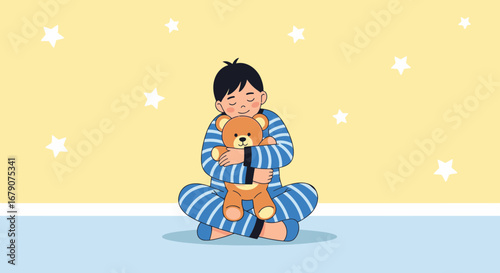 A Child's Peaceful Embrace: Snuggling a Teddy Bear in a Gentle, Star-Filled Scene
