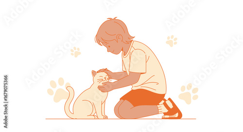 A Child's Tender Moment: Stroking A Cat With Affectionate Tenderness And Joy