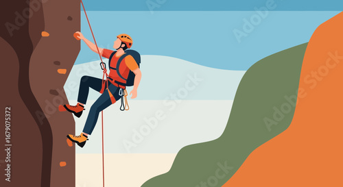 A Climber Ascends A Rocky Cliff Face, Exploring Athleticism And Adventure
