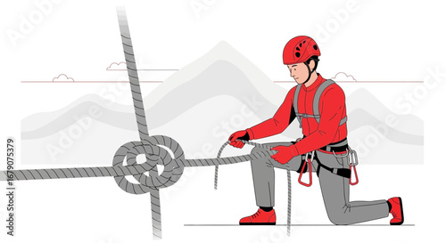 A climber prepares to use a rope and knot technique to ascend a mountain in an illustration