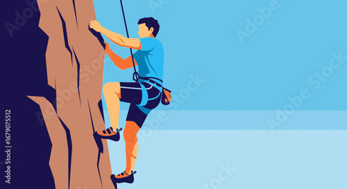 A Climber Scaling a Rocky Cliff Face Against a Vibrant Blue Background