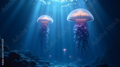 A beautiful underwater scene of two luminous jellyfish swimming in the deep ocean, illuminated by majestic rays of sunlight.