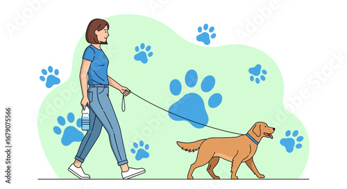 Young Woman Walking her Golden Retriever Dog on a Sunny Day Design
