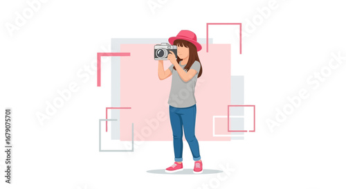 Young Woman With Camera Captures Moment in Soft Pink Tones Using Vector Graphics