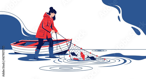 Young Woman With Fishing Net Capturing Fish From A Small Rowing Boat On A Lake