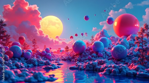 A whimsical, dreamlike landscape featuring a reflective river and floating balloons under a pink sky with a large, glowing yellow moon.