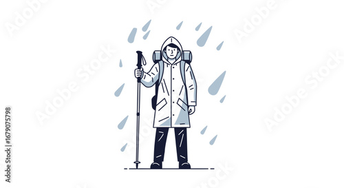 A Courageous Hiker Braving the Elements, Illustrated in a Monochromatic Style