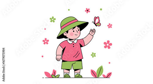 Youngster Admires Butterfly Among Flowers: A Whimsical And Joyous Illustration