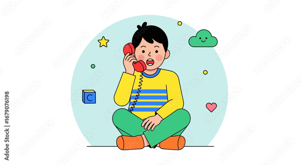 Fototapeta premium Youngster Conversing On Retro Phone, Illustrative Child's Colorful Communication Session