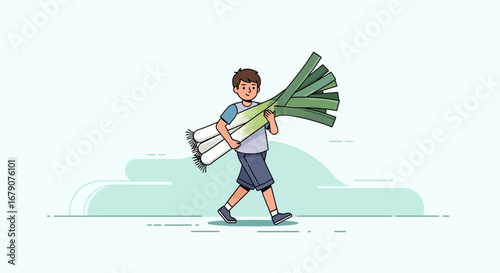 Youngster Carrying Fresh Leeks, Vector Illustration Depicting Healthy Produce, Flat Design