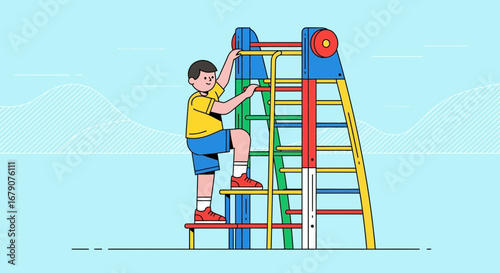 Youngster Climbing On Colorful Play Structure At The Playground For Fun And Exercise