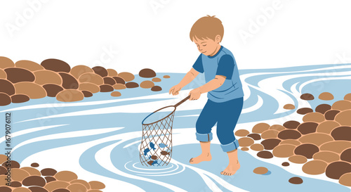 Youngster Capturing Fish Illustration Depicting Childhood Leisure and Environmental Enjoyment
