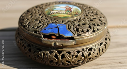 Ornate antique silver-plated trinket box with painted scene and intricate filigree.