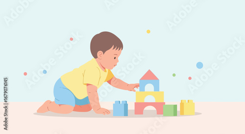 A Curious Infant Builds Colorful Blocks During Playtime and Early Childhood Development