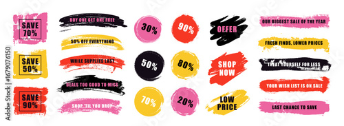Set of promotional stickers and labels created with a grunge brush stroke texture. Featuring various sale slogans and percentage discounts for retail marketing and advertising, vector illustration.