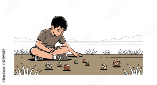 Youngster Concentrating On Marbles Game On Earth, Enjoying A Moment Of Solitude Outdoors