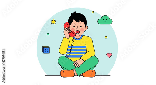 Youngster Conversing On Retro Phone, Illustrative Child's Colorful Communication Session