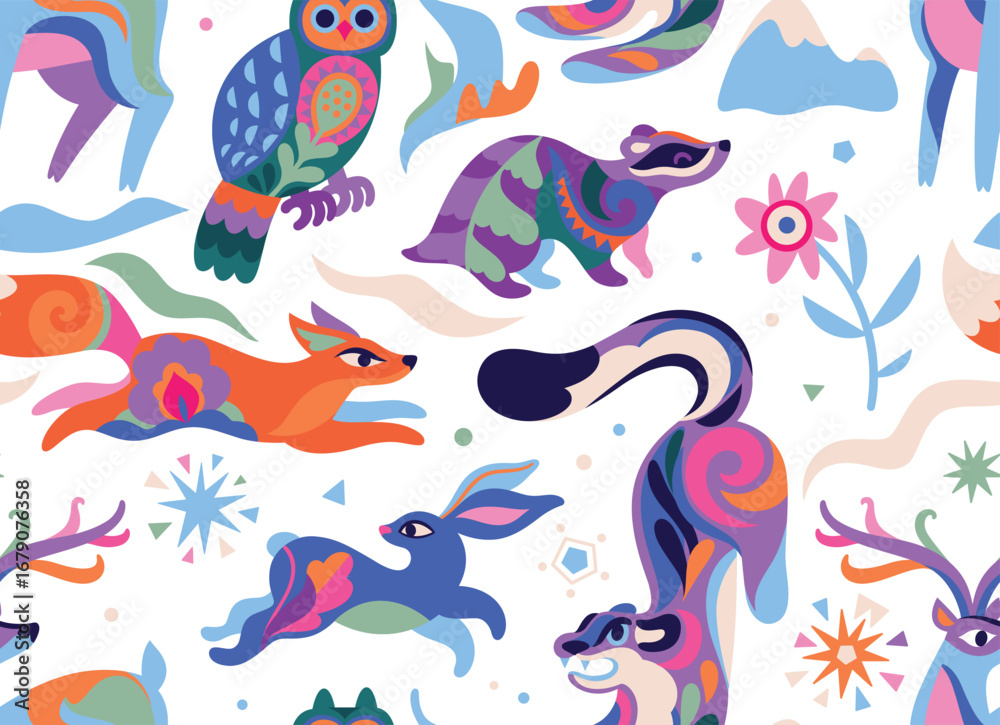 Fototapeta premium Fairytale Forest with woodland animals in folk style, Christmas theme, seamless pattern