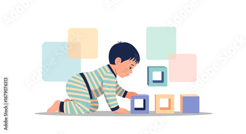 A cute baby crawling and playing with colorful blocks on a white background