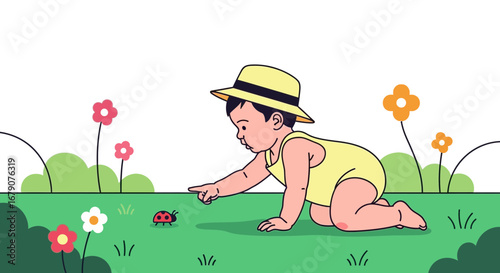 A Cute Baby Crawling Outdoors and Pointing at a Ladybug in a Garden
