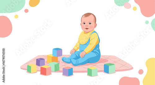 A cute baby plays with colorful blocks on a soft mat enjoying playtime and developmental fun