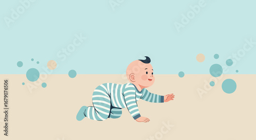 A cute baby vector crawling on the floor in a colorful illustrated scene