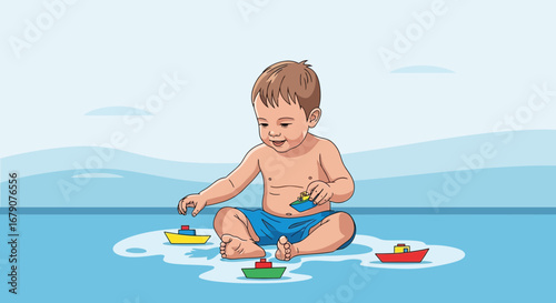 A cute cartoon baby playing happily with toy boats on a bright blue background