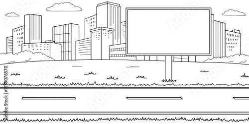 City road billboard graphic black white street landscape sketch illustration vector  