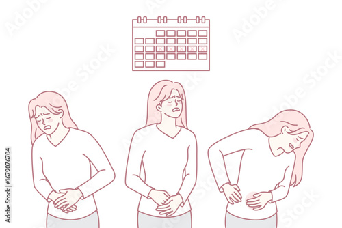 Unhealthy woman suffer from painful menstruation. Unwell female struggle with stomach ache during periods, need painkiller. Feminine health concept. Vector illustration.
