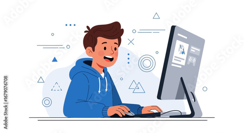 Youngster Enjoying Gaming Session on Modern Computer with Vibrant Graphic Elements