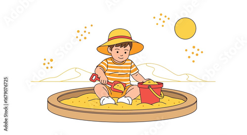 A cute cartoon illustration of a child playing with sand in a sandbox on a sunny day