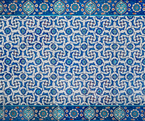 Vintage ceramic tiles, İznik tiling decor from Rustem Pasa Mosque in Istanbul, Turkey.
