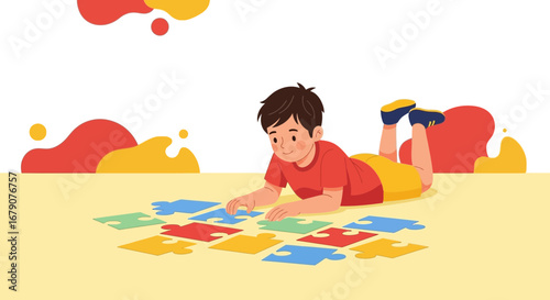 A cute child is playing with a puzzle, learning and creative educational game