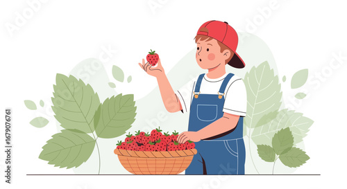 Youngster Enjoying Handpicked Berries Harvesting, Showing Freshly Collected Strawberries
