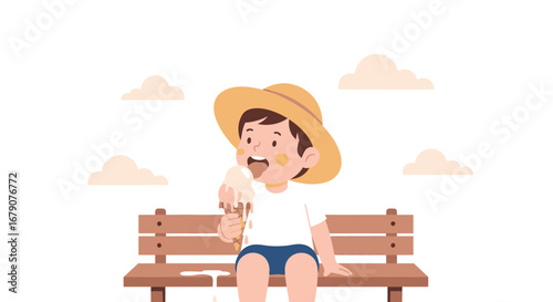 Youngster Enjoying Ice Cream While Relaxing On A Bench On A Sunny Day