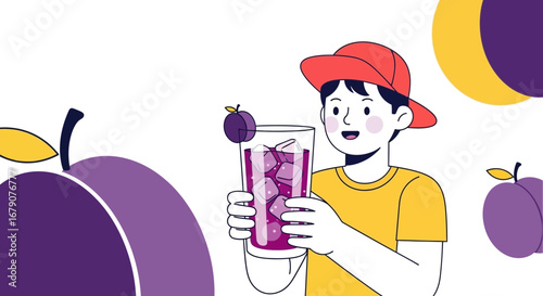 Youngster Enjoying Plum Juice in Cartoon Illustration with Refreshing Purple Tones