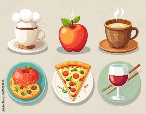 A Collection of Food and Drink Illustrations with Pizza, Apples, and Wine