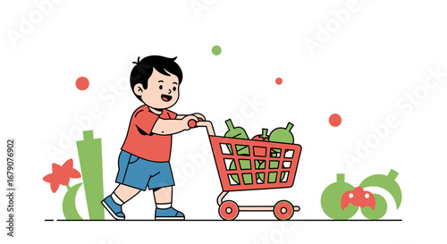 Youngster Enthusiasm, Grocery Expedition, Retail Adventure, Shopping Cart Fun, Cartoon Illustration
