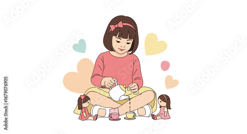 A cute illustration of a little girl playing tea party with dolls against white background