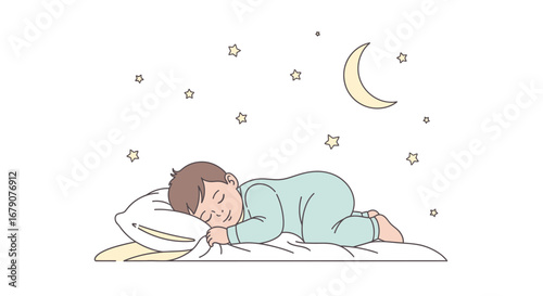 A cute illustration of a sleeping baby at night with stars and moon, vector image