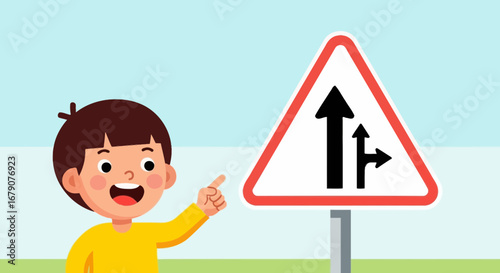 Youngster Explaining Traffic Sign About Intersections And Road Directions Illustration