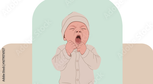 A cute illustration of a yawning baby wearing a hat in cream color with a light background