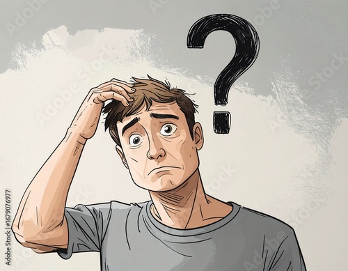 Confused and Stressed Man with a Question Mark Above His Head